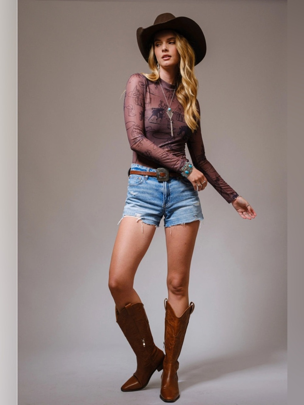 Western Cowgirl Print Mock Neck Long Sleeve Mesh Top - Blue B - Picture 4 of 8